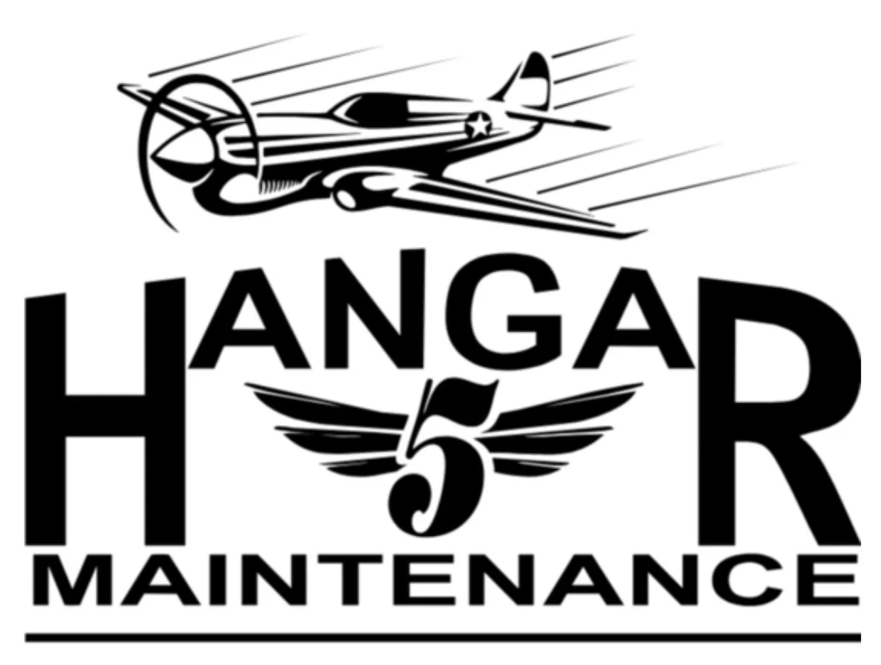 A black and white logo featuring a stylized airplane above the text "HANGAR 5 MAINTENANCE" with a winged propeller in the center.