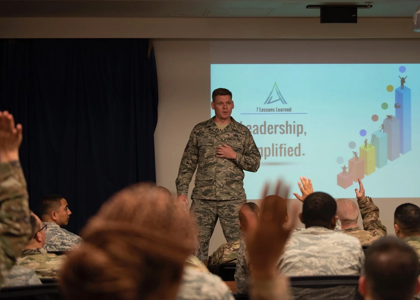 A man in military uniform standing in front of a presentation slide that reads '7 Lessons Learned Leadership, Amplified.' with an illustration of ascending colorful blocks and figures, addressing a room of soldiers, some raising their hands.