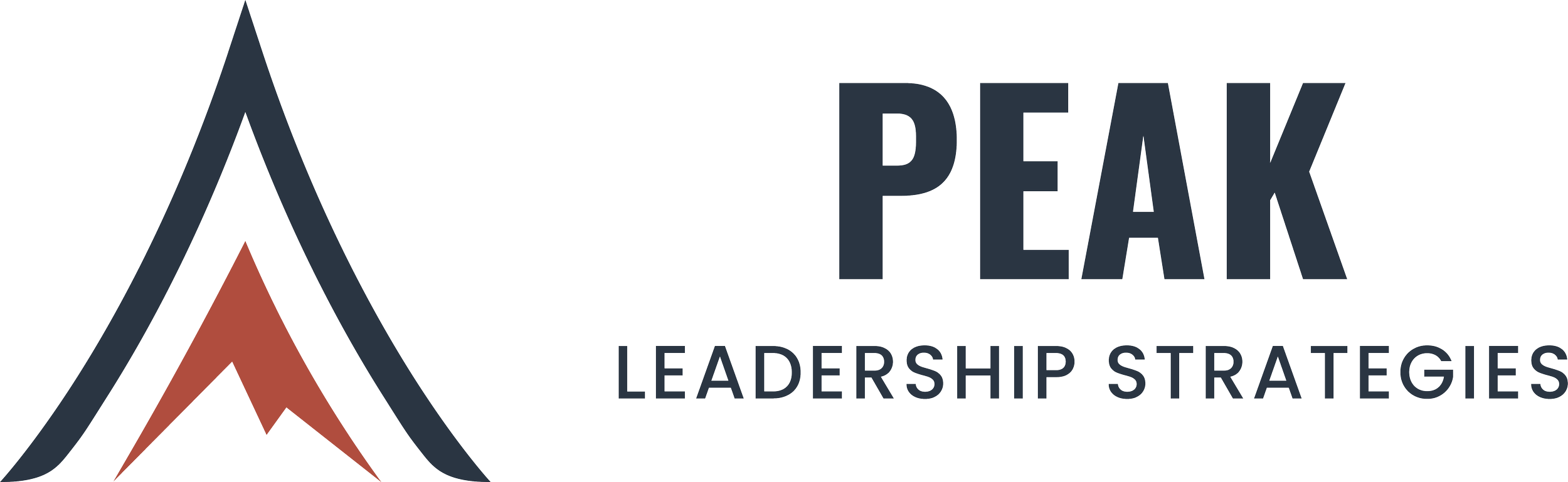 Logo for Peak Leadership Strategies featuring a stylized mountain peak with black, red, and gray colors and the text 'Peak Leadership Strategies'