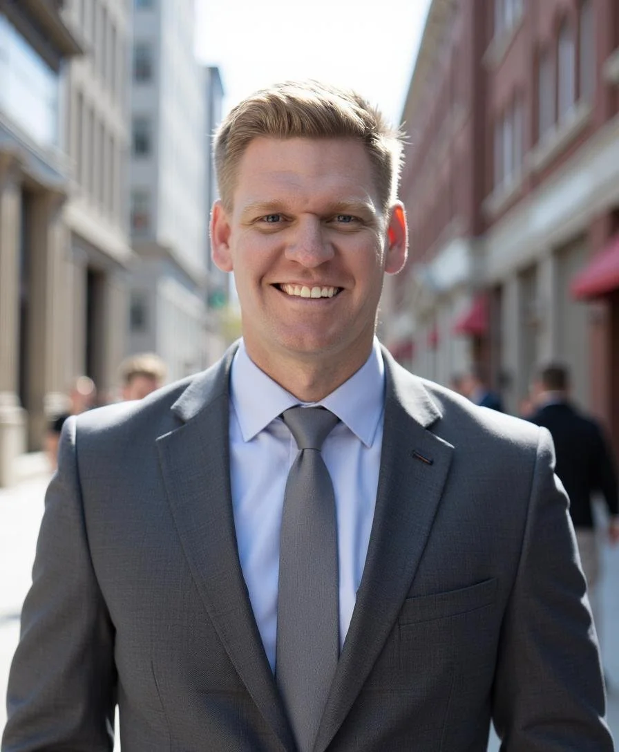 Smiling man in a gray suit and tie walking outdoors on a city street.