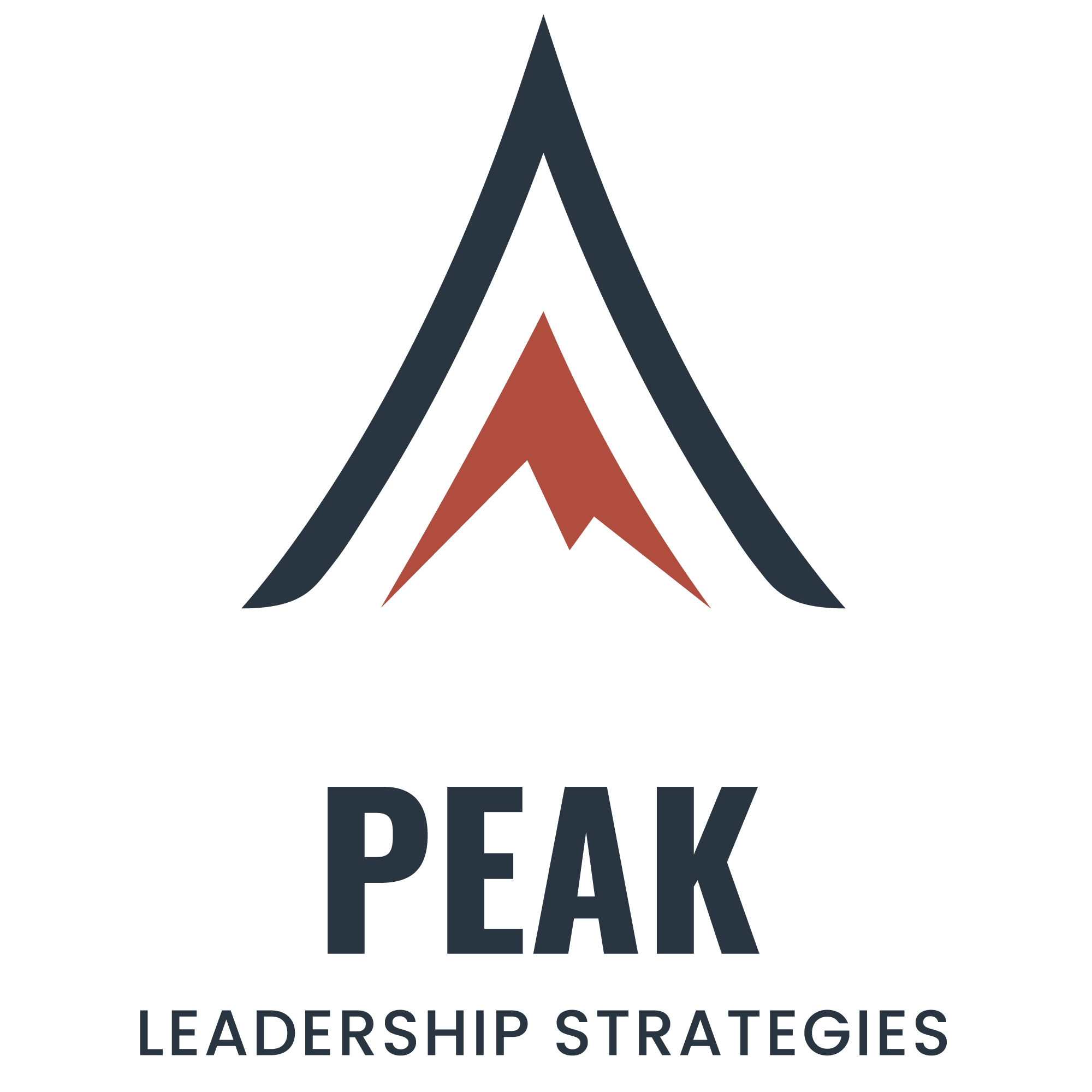 Logo for Peak Leadership Strategies featuring a stylized mountain peak with a red lightning bolt-shaped line and the company name beneath.