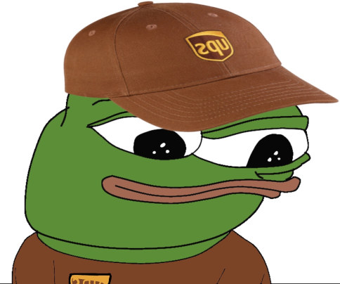 A cartoon green frog wearing a brown cap with a logo and a brown shirt.