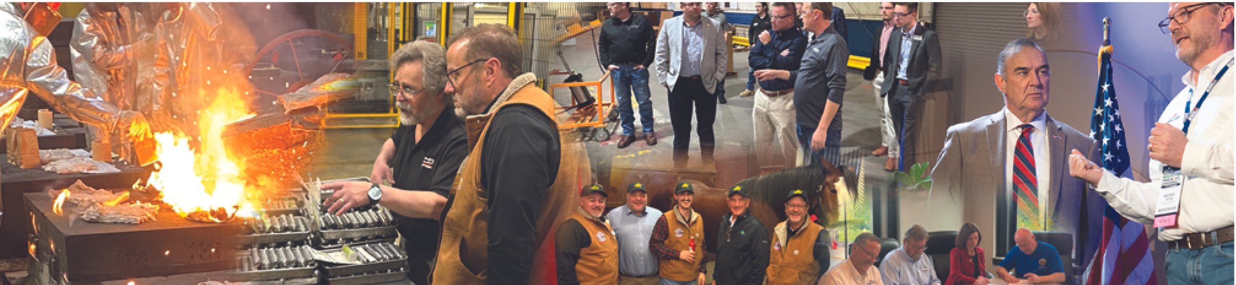 Composite image showing a group of people at a conference or workshop, with scenes of a metalworking demonstration with fire, people dressed in work uniforms, and individuals in business attire engaging in discussions or presentations.