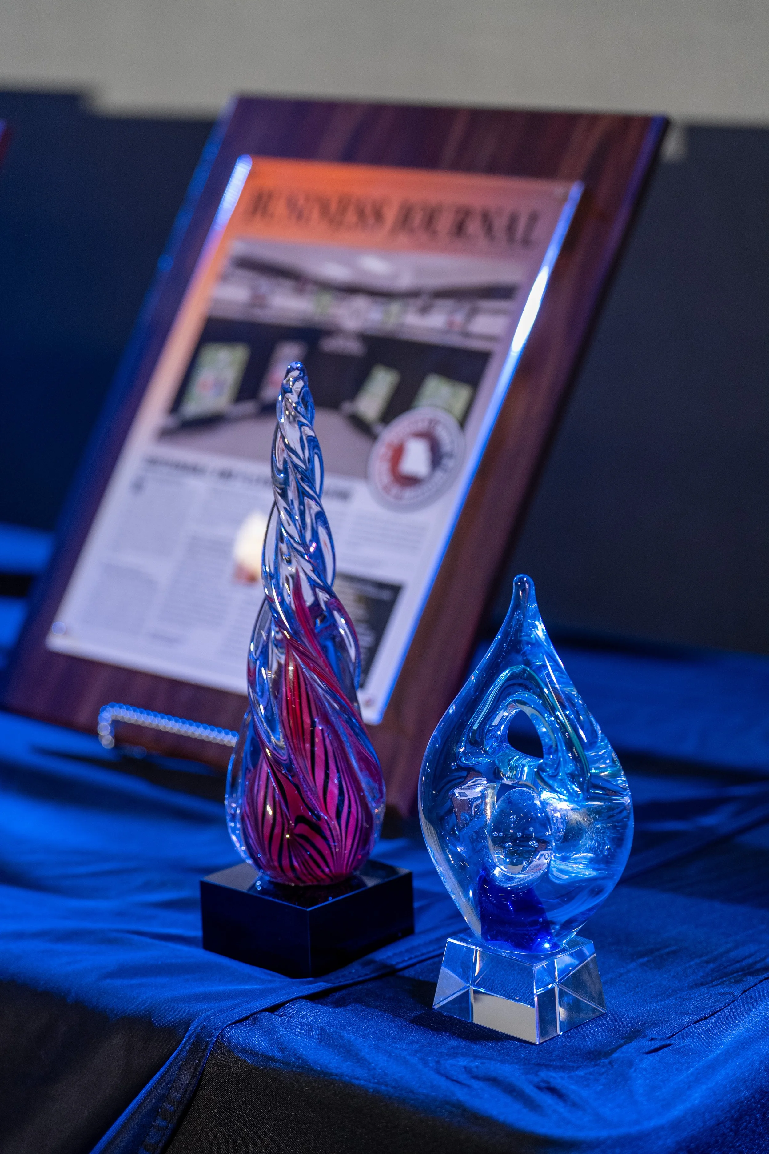 Two awards sitting on a a tabletop at the live event