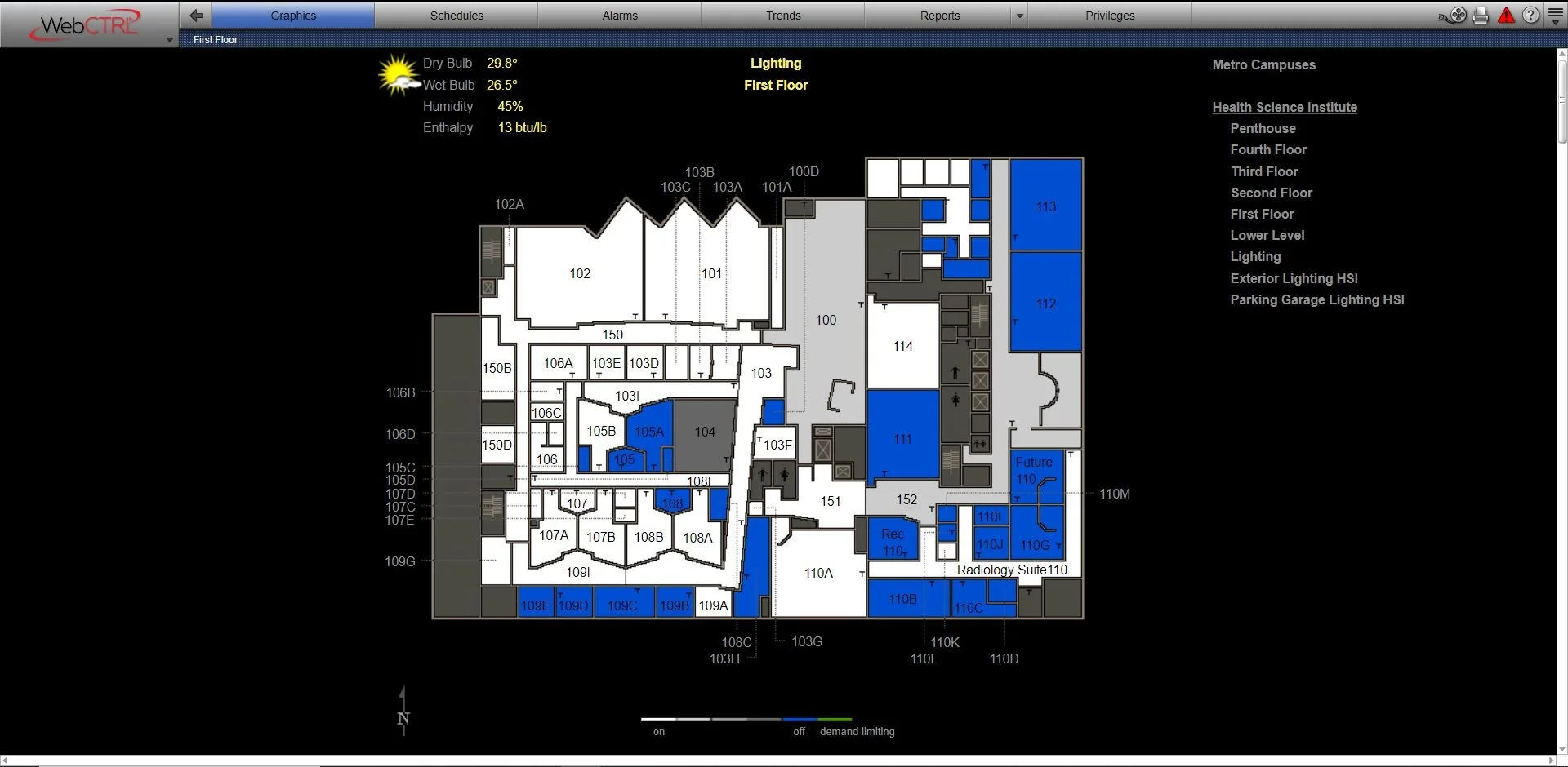 A detailed floor plan of a healthcare or hospital facility displayed on a computer screen, showing rooms, corridors, and technical areas with color-coded sections.