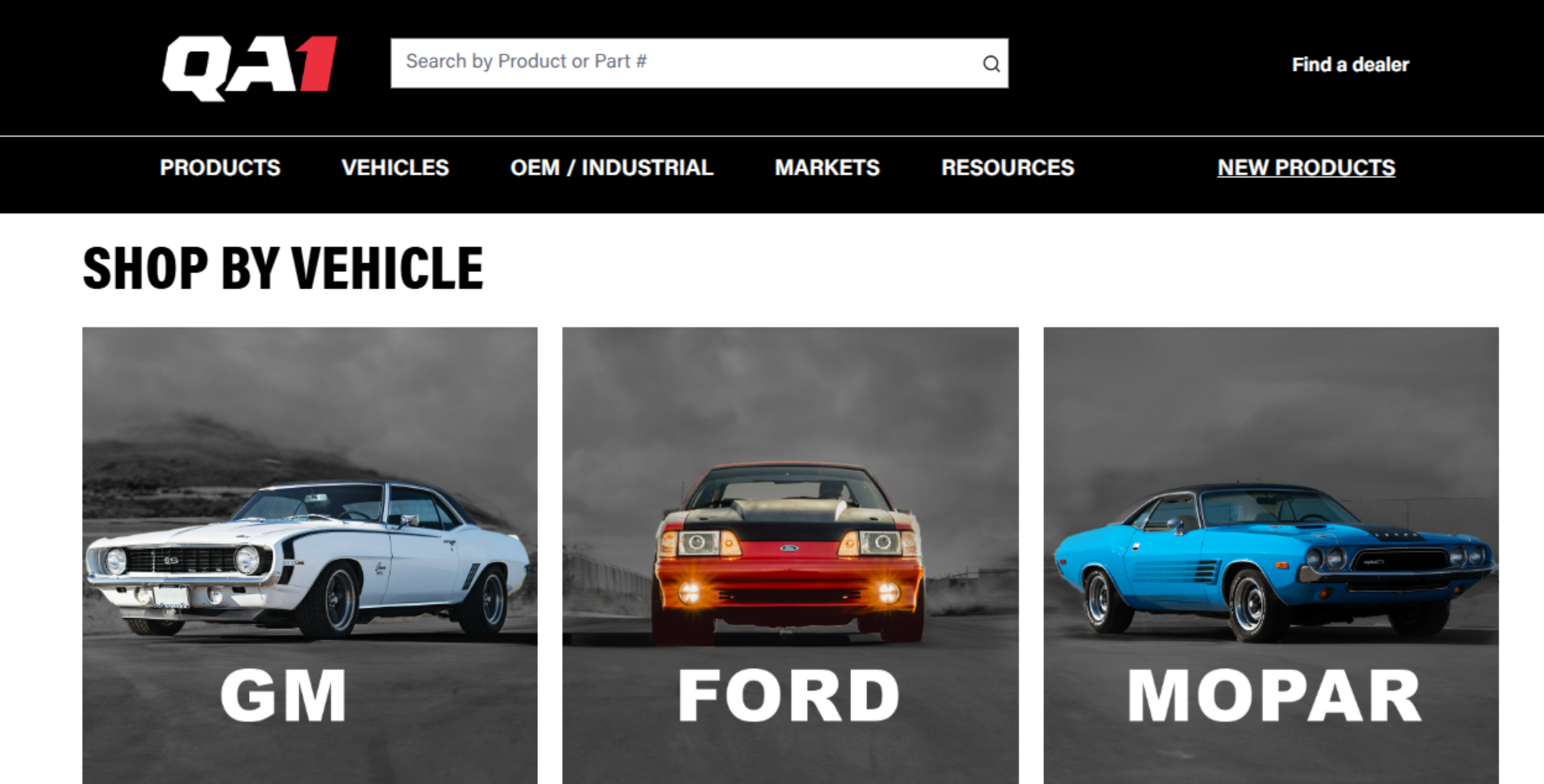 Online auto parts store webpage featuring a 'Shop by Vehicle' section with images of classic cars from GM, Ford, and Mopar, on a black and white background.
