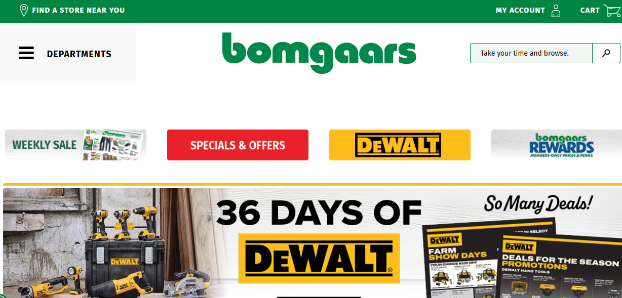 Screenshot of the Bomgaars online store homepage featuring a navigation menu, promotional banners, and a display of DeWalt power tools and accessories.