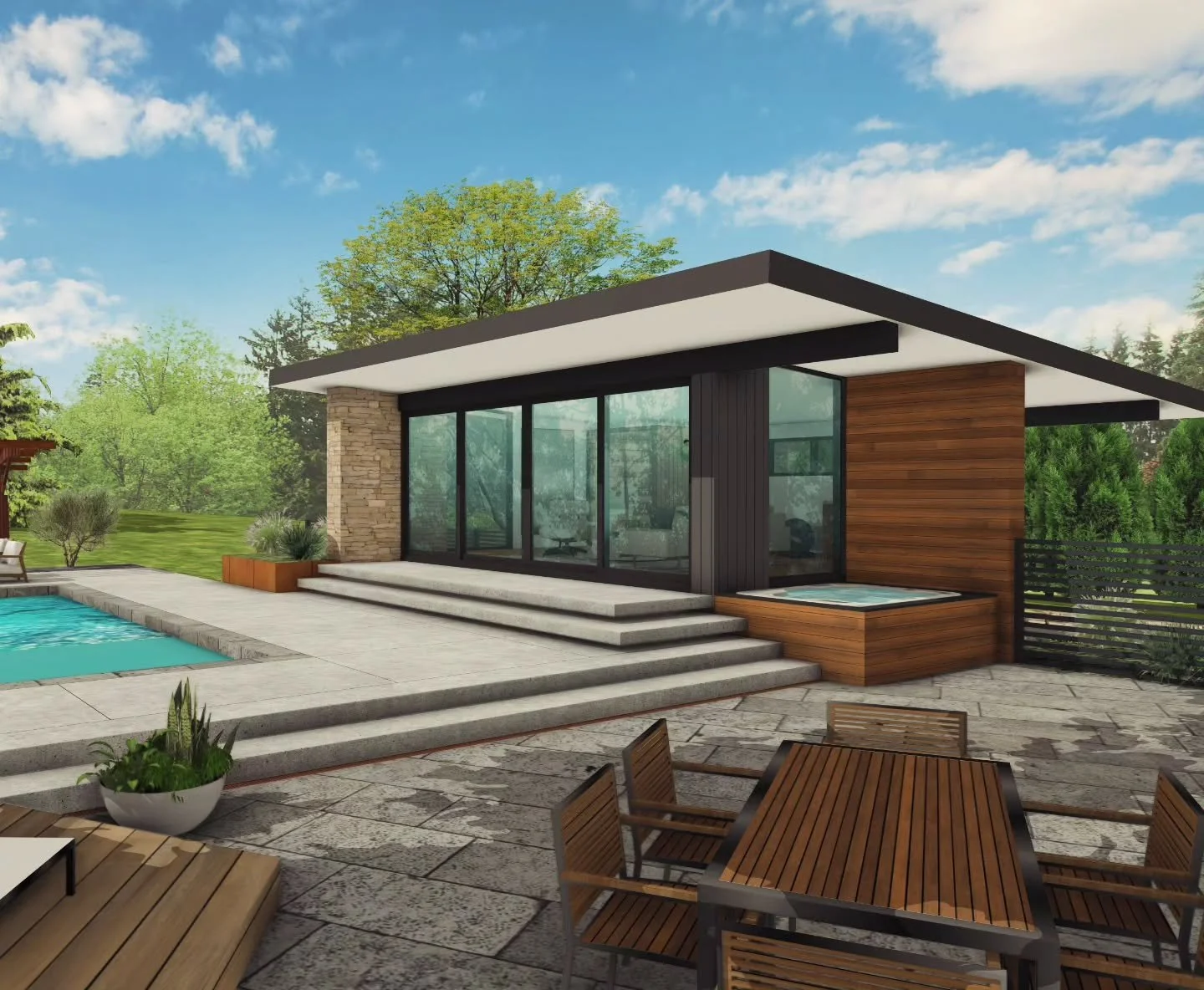 New project!  Owners of a trilevel Russell Barr Williamson-designed home in Mequon have commisioned a new in-ground pool, with a stand-alone pool house and lower level garage, taking design cues from the home's soaring roofline that RBW is known for.