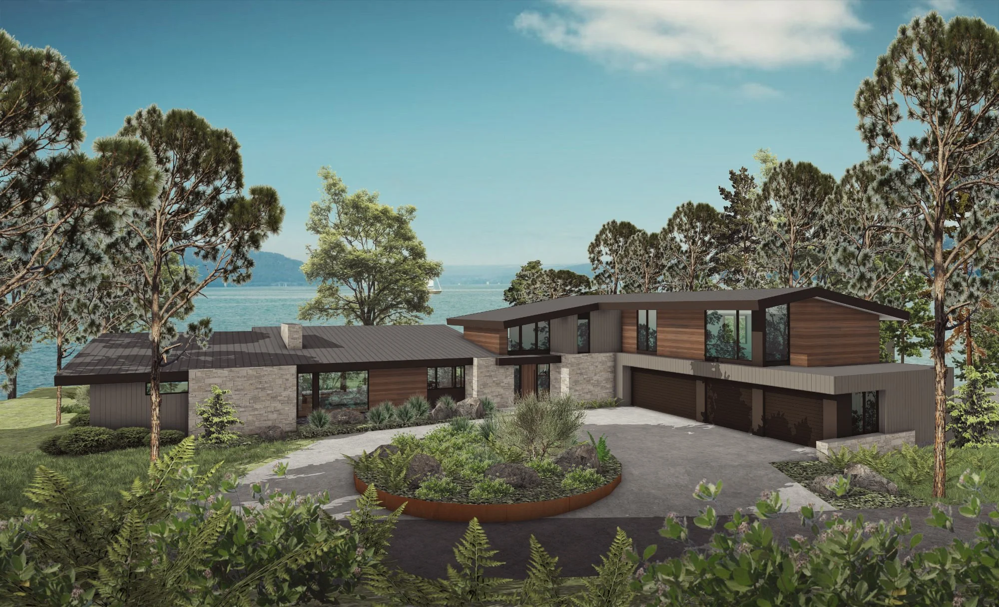 Modern two-story lake house with large glass windows, wooden accents, and a flat roof, surrounded by trees and landscaping.