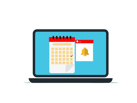 Laptop screen displaying a calendar with a reminder set and a notification bell icon.