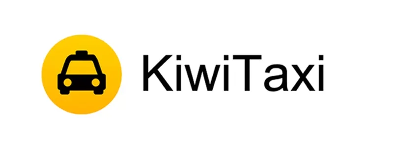 Logo of Kiwi Taxi with a black taxi icon inside a yellow circle and the text "Kiwi Taxi" in black.