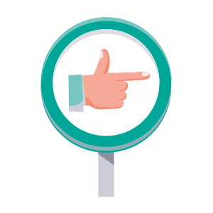 A pointing hand inside a magnifying glass circle.