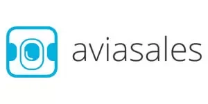 A logo featuring a blue outline of a camera with a circular element inside, next to the text 'aviasales' in black.