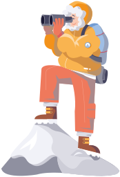 A person dressed in outdoor winter gear sitting atop a snow-covered mountain with a backpack and holding a cup, possibly enjoying a hot beverage.