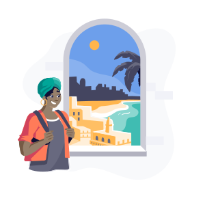 A woman with a backpack looking out a window at a beach scene with palm trees, the moon, and city skyline at night.