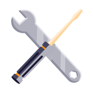 A cartoon illustration of a wrench and a screwdriver crossed over each other.