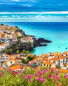 Coastal village with colorful houses on a hillside overlooking the ocean, with pink flowers in the foreground under a partly cloudy sky.