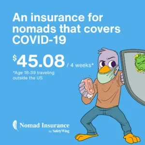 An advertisement for Nomad Insurance offering COVID-19 coverage for $45.08 for 4 weeks, targeting travelers aged 18-39 outside the US. The ad features a cartoon character wearing a mask, holding a phone, and holding a shield with a virus icon.
