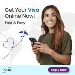 A woman smiling and holding a phone, with text promoting online visa applications and an 'Apply Now' button.