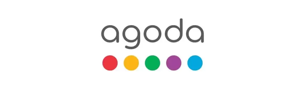 The word "agoda" in black lowercase letters with five colored dots below it in red, yellow, green, purple, and blue.