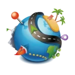 A globe with a smiling face, wearing a yellow hat, surrounded by tropical elements like palm trees, a pineapple, a boat, a fish, and colorful objects.