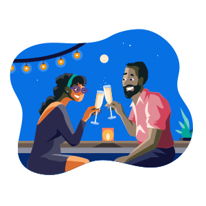 A couple having drinks and toasting at an outdoor nighttime setting with string lights, a moon, stars, and a plant in the background.