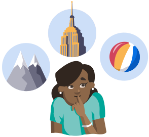 A woman appears to be thinking with three thought bubbles above her head, depicting the Empire State Building, snow-capped mountains, and a colorful beach ball.