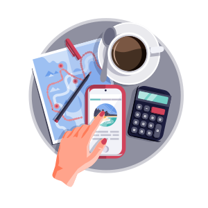A hand holding a smartphone over a desk with a coffee cup, glasses, a calculator, a yellow pencil, and a blueprint or map.