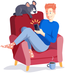 A woman sitting on a red armchair with a dog lying on her lap, looking at her phone, in a cozy living room with a mug on the floor.