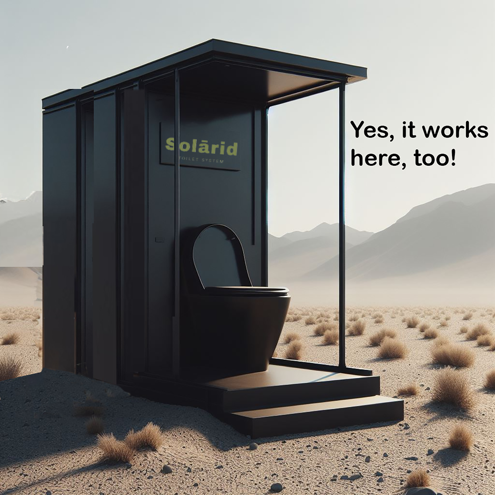 A black outdoor toilet with a small set of stairs leading up to it, situated in a desert landscape with mountains in the background. The toilet has a sign that reads 'Solárid Toilet System.' There is a speech bubble saying 'Yes, it works here, too!'
