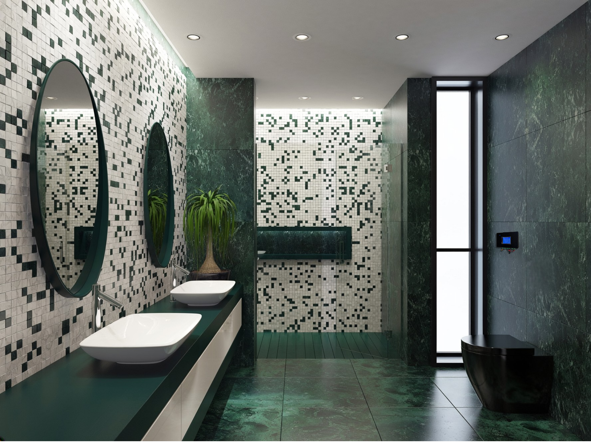 Modern bathroom with green marble walls and a mosaic tile accent wall, featuring double sinks with oval mirrors, a potted plant, a walk-in shower with glass door, and a black wall-mounted toilet.