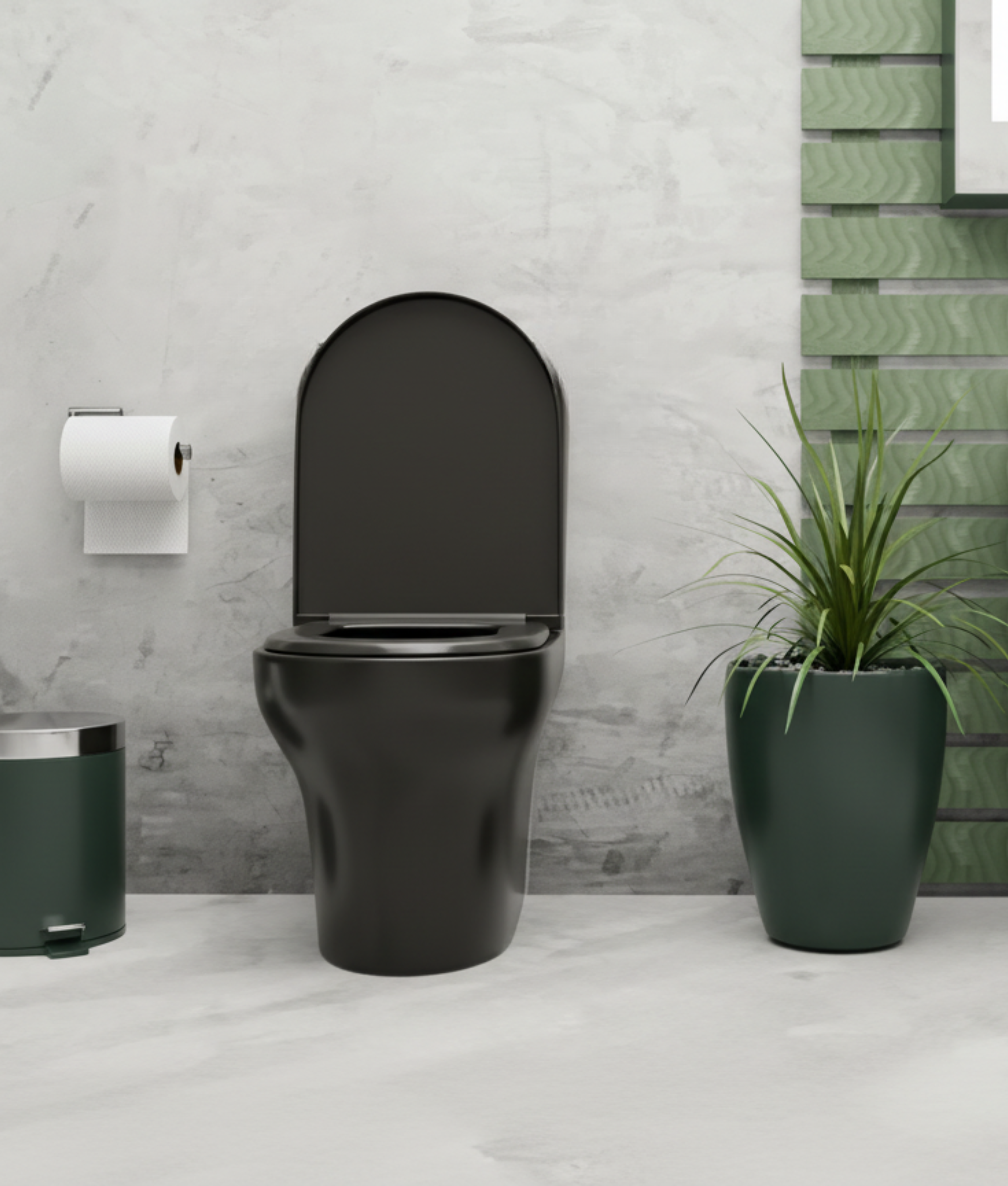 Modern bathroom with black toilet, green plant in a pot, small trash bin, and wall-mounted toilet paper holder on gray wall.