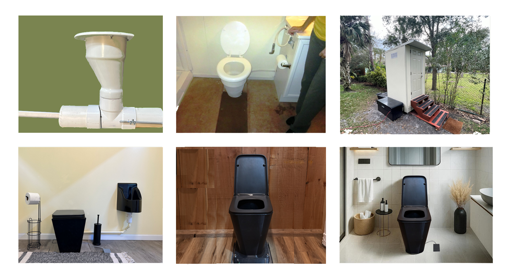 Various toilets, including a plumbing pipe, a toilet bowl in a bathroom, an outhouse with stairs outside, and three different modern toilets installed in bathrooms.