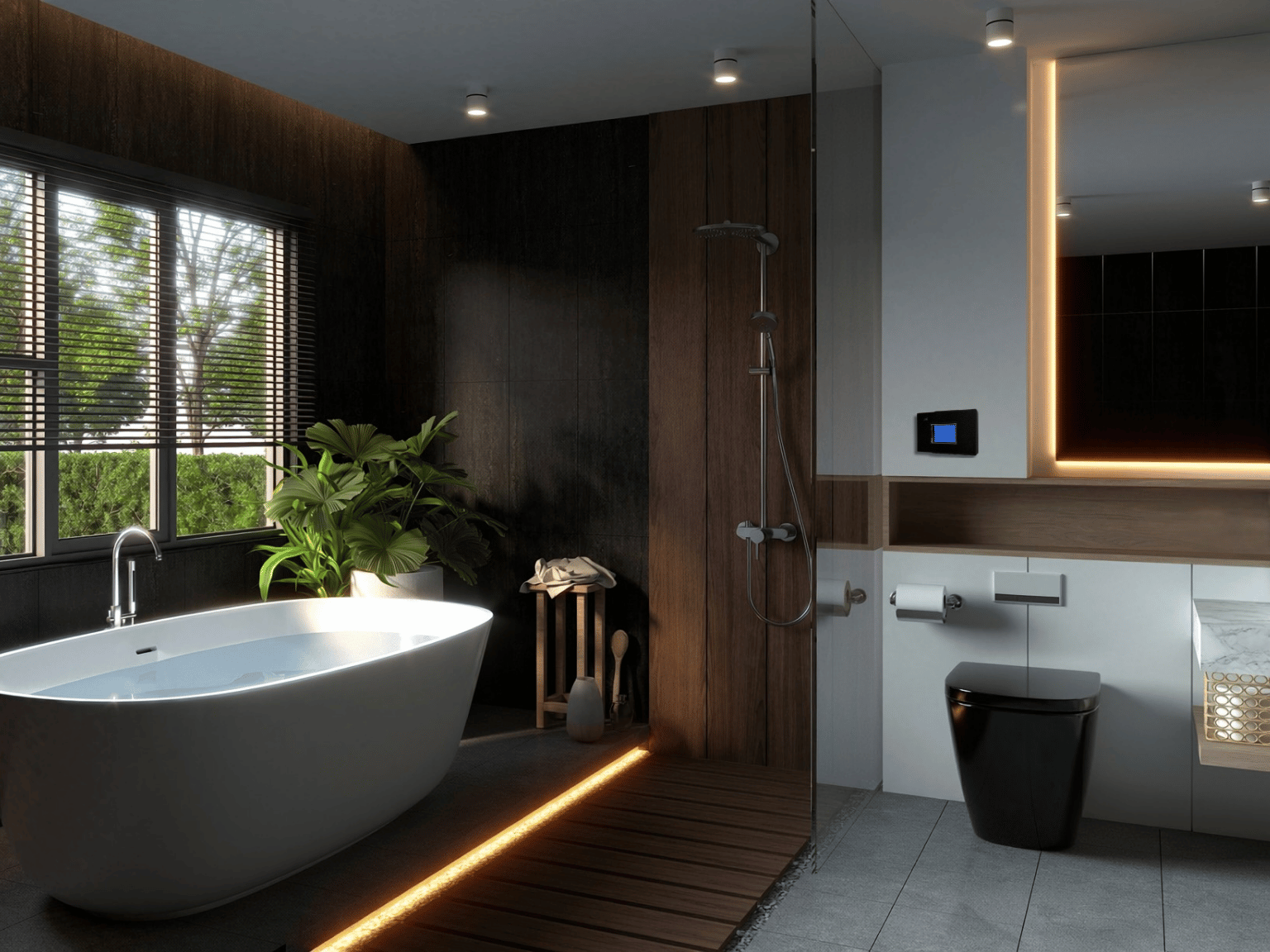 Modern bathroom with a white free-standing bathtub near a large window, a wooden plant stand with green plants, a walk-in shower, and a black toilet, with sleek dark and white decor and soft lighting.