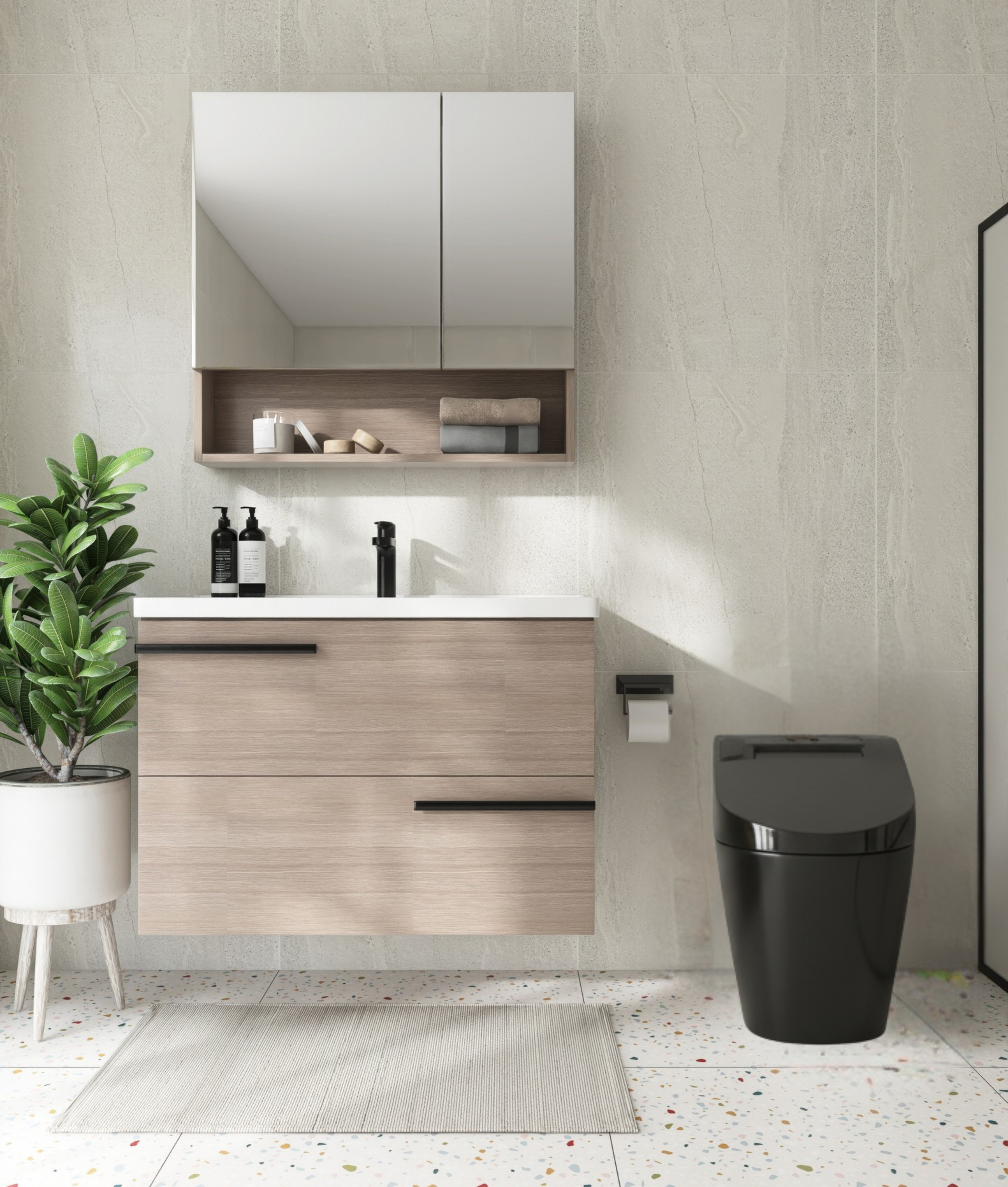 Modern bathroom with wooden vanity, mirror, black faucet, black toilet, potted plant, soap bottles, towel, and tiled floor.