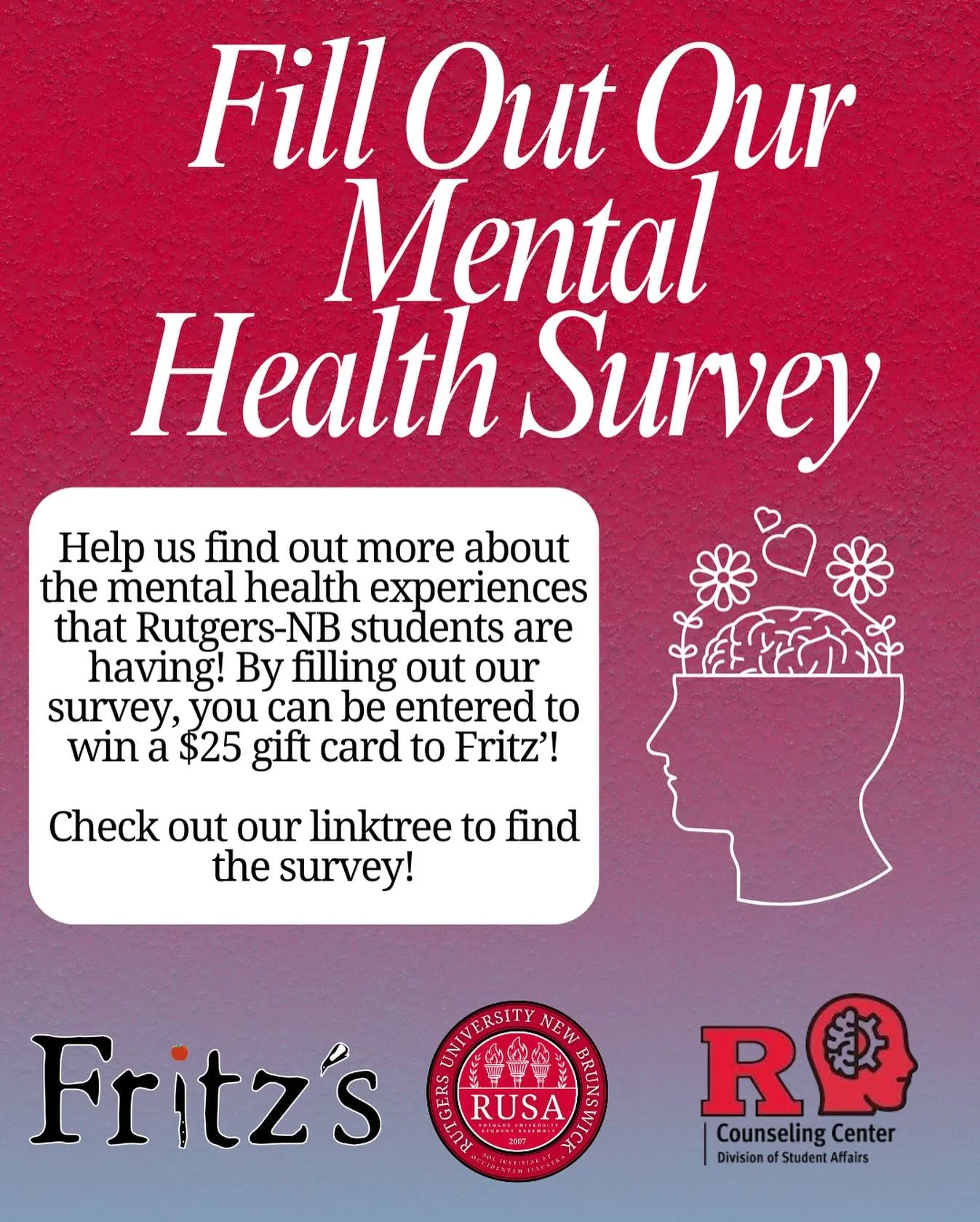 Check out our linktree and complete the survey now! Additionally, for information, come visit us while we&rsquo;re tabling at the College Ave Student Center on Nov. 10th (3pm-5pm) or Nov. 12th (10am-1pm).