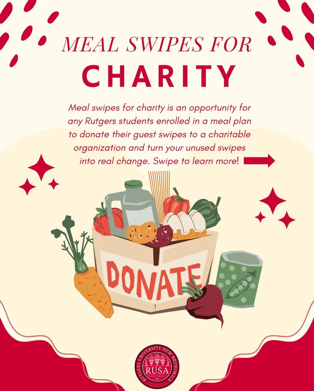 Meal Swipes for Charity is an opportunity for students &amp; student organizations to turn guest swipes into real impact, donating them to a chosen charitable organization! Meal Swipes for Charity is an opportunity for students &amp; student organiza