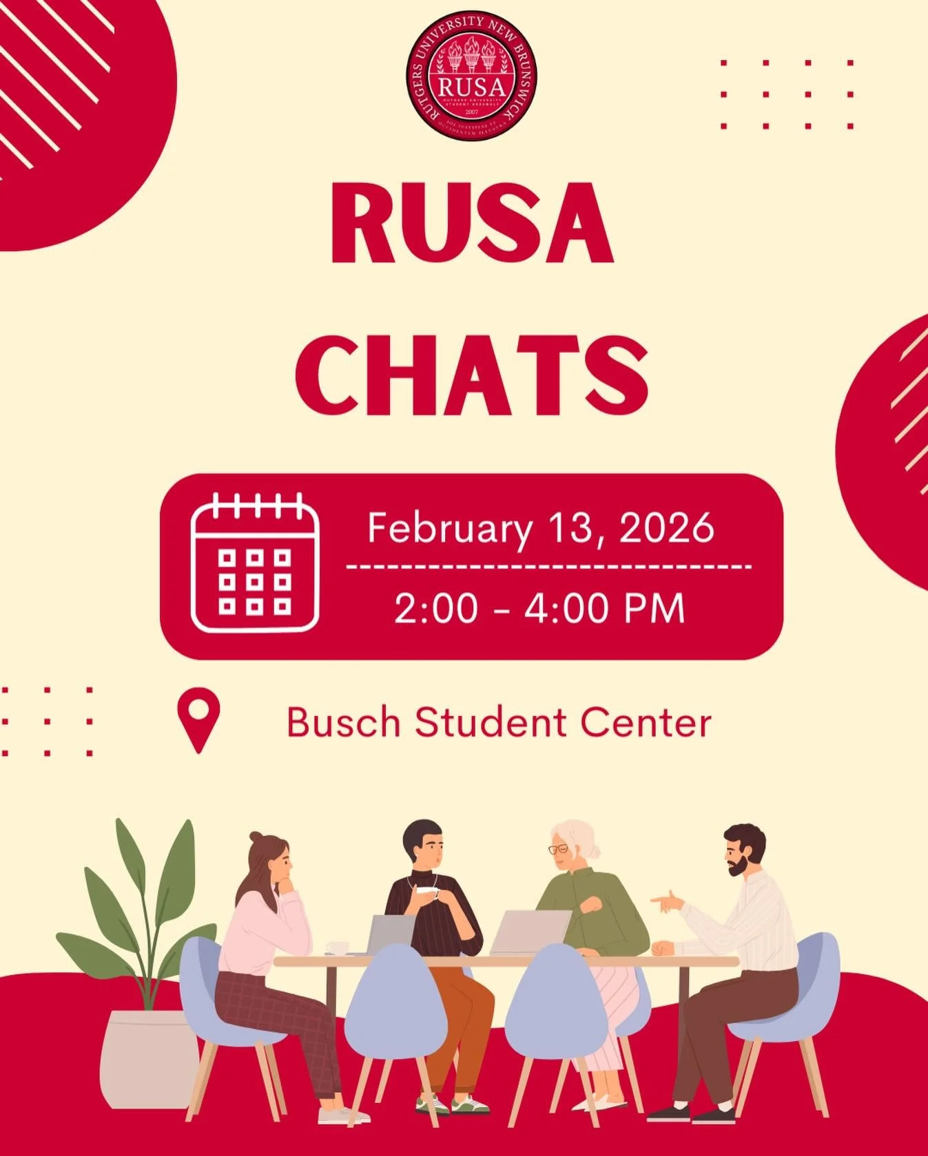 This weeks RUSA chats will be taking place at Busch Student Center from 2pm to 4pm! Come talk to us about anything advocacy related!