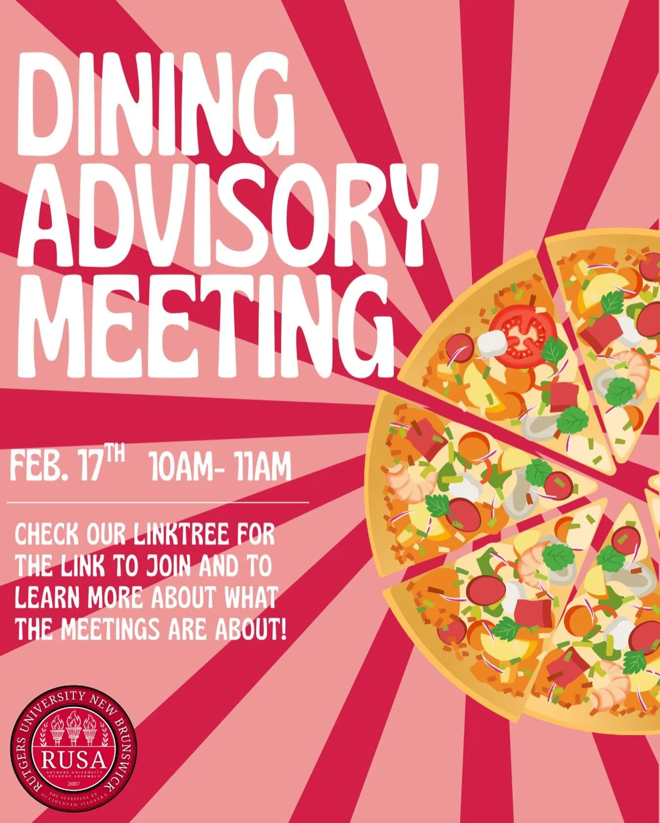 The next dining advisory meeting is TOMORROW!! Before you login in, make sure to view the dining advisory information document on our Linktree, which is also where the zoom link can be found!