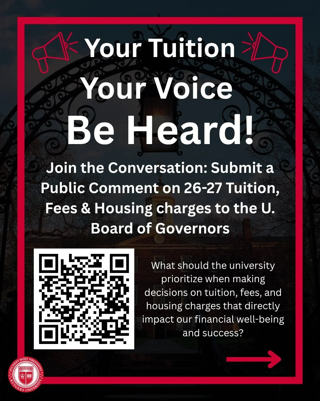 Your Tuition, Your Voice, Be Heard!

For more information, visit rutgers.edu/openhearing

#rutgers #scarletknights #rutgersuniversity #stopcutstoeducation #affortableeducationsystems