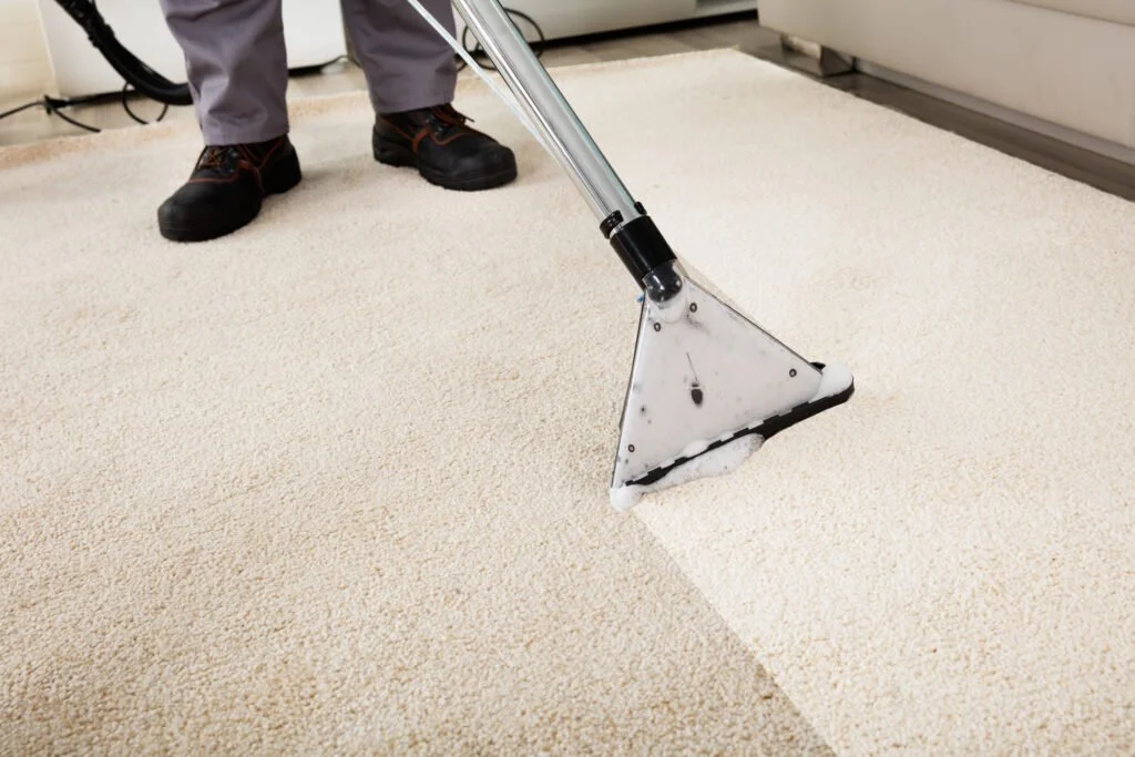 Person in protective suit, mask, gloves, and shoe covers uses vacuum to remove or clean up an allergen or substance from the carpet, emitting white mist or dust.