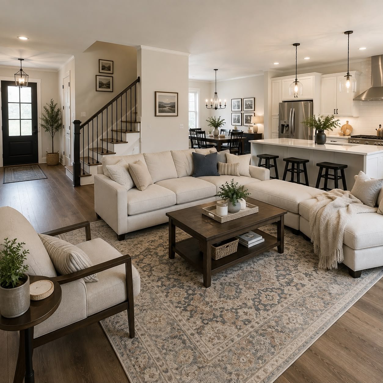 Modern kitchen with stainless steel refrigerator, microwave, stove, black backsplash, white cabinets, and black pendant lights
