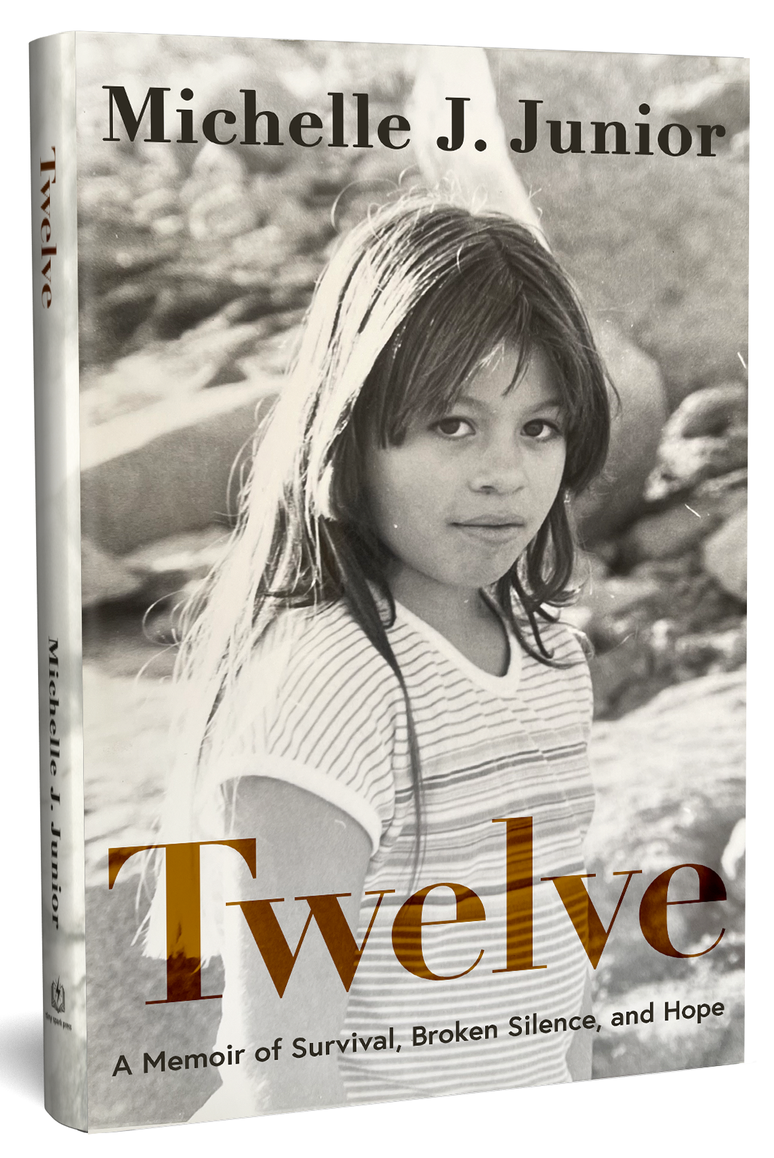 The cover of a book titled "Twelve" by Michelle J. Junior features a black-and-white photograph of a young girl with long hair, wearing a striped T-shirt, standing outdoors with rocks in the background.