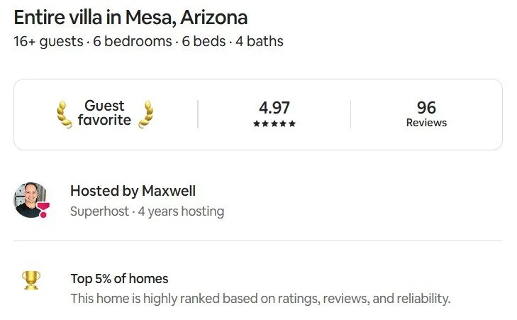 Airbnb Guest Favorite ranking for Paradise at Villa Santa Cruz showing 4.97 star rating, top 5 percent status, Maxwell as Superhost for 4 years recognition, and over 100 guest reviews and growing.