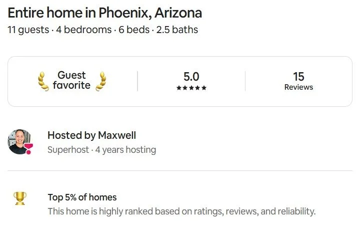 Airbnb Guest Favorite ranking for Biltmore Highlands Oasis showing 5 star rating, top 5 percent status, Maxwell as Superhost for 4 years, and growing guest reviews
