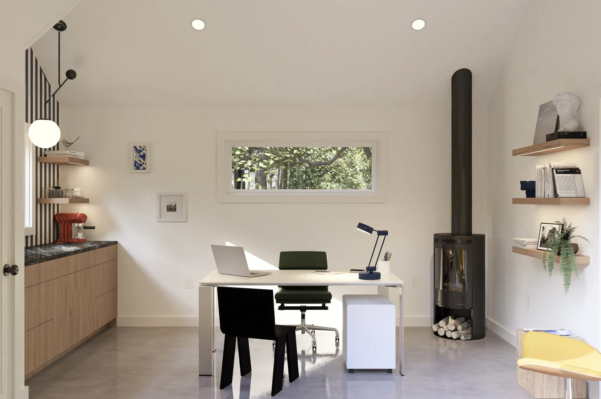Bright modern home office with a white table, black and green chairs, a laptop, a desk lamp, and wooden shelves with books and decor. A window shows greenery outside, and a black wood stove is in the corner.
