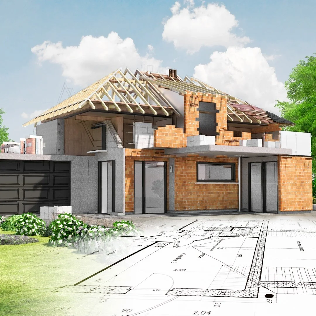 Partially constructed modern house with exposed brick walls and roof framing, overlaid with architectural floor plan drawings in the foreground.