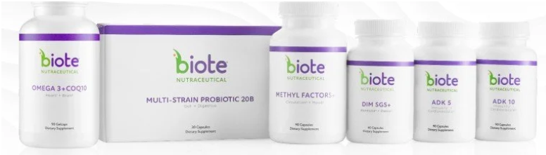 Collection of six Biote Nutraceutical supplement bottles and containers in white and purple packaging.