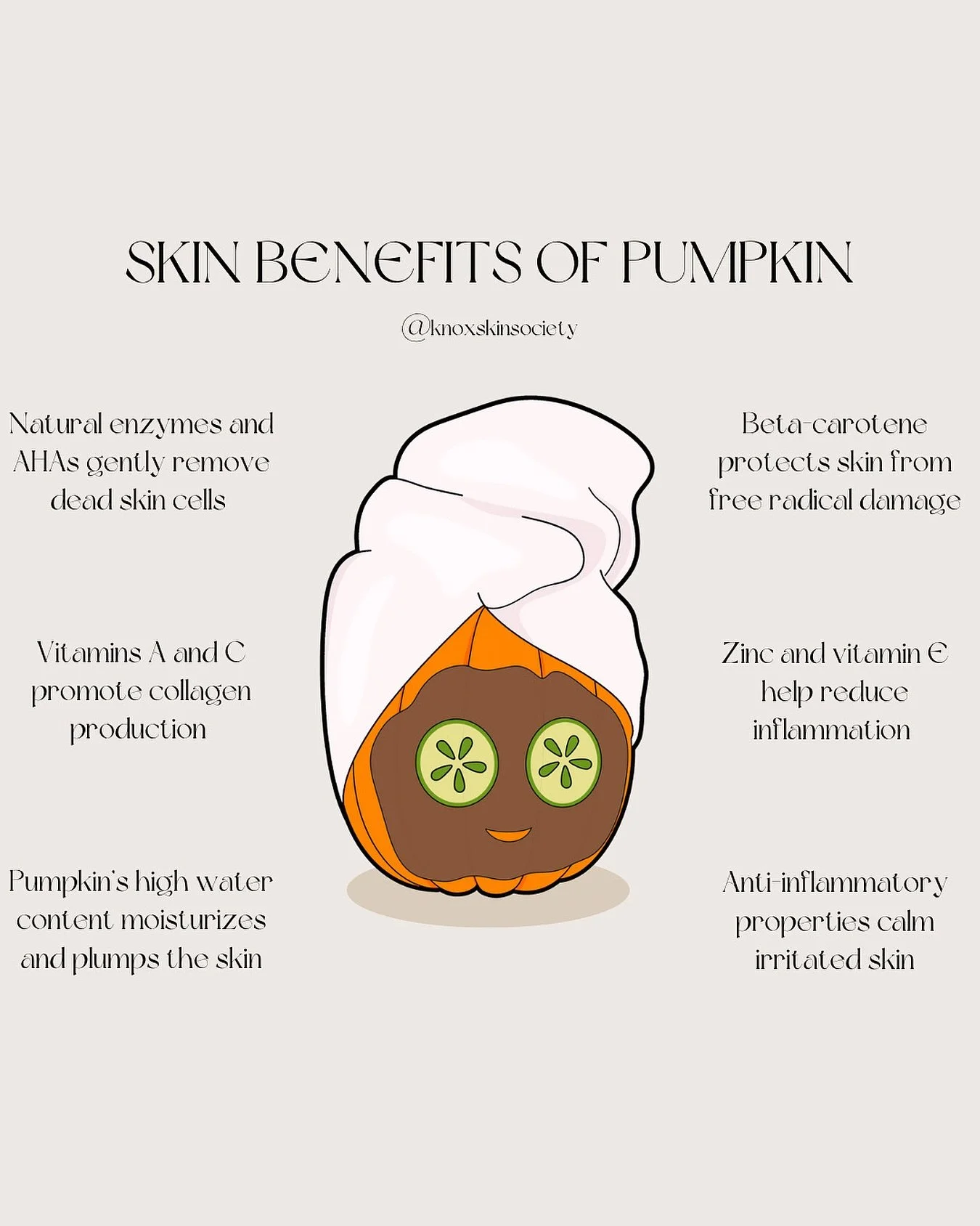 Did you know pumpkin has this many amazing benefits for your skin? 
Now is the perfect time to book your pumpkin whip facial with micayla or pumpkin enzyme facial with Kathy! 
Let&rsquo;s get you cozy &amp; glowy for the fall time! 🎃🤎

-

#pumpkinb