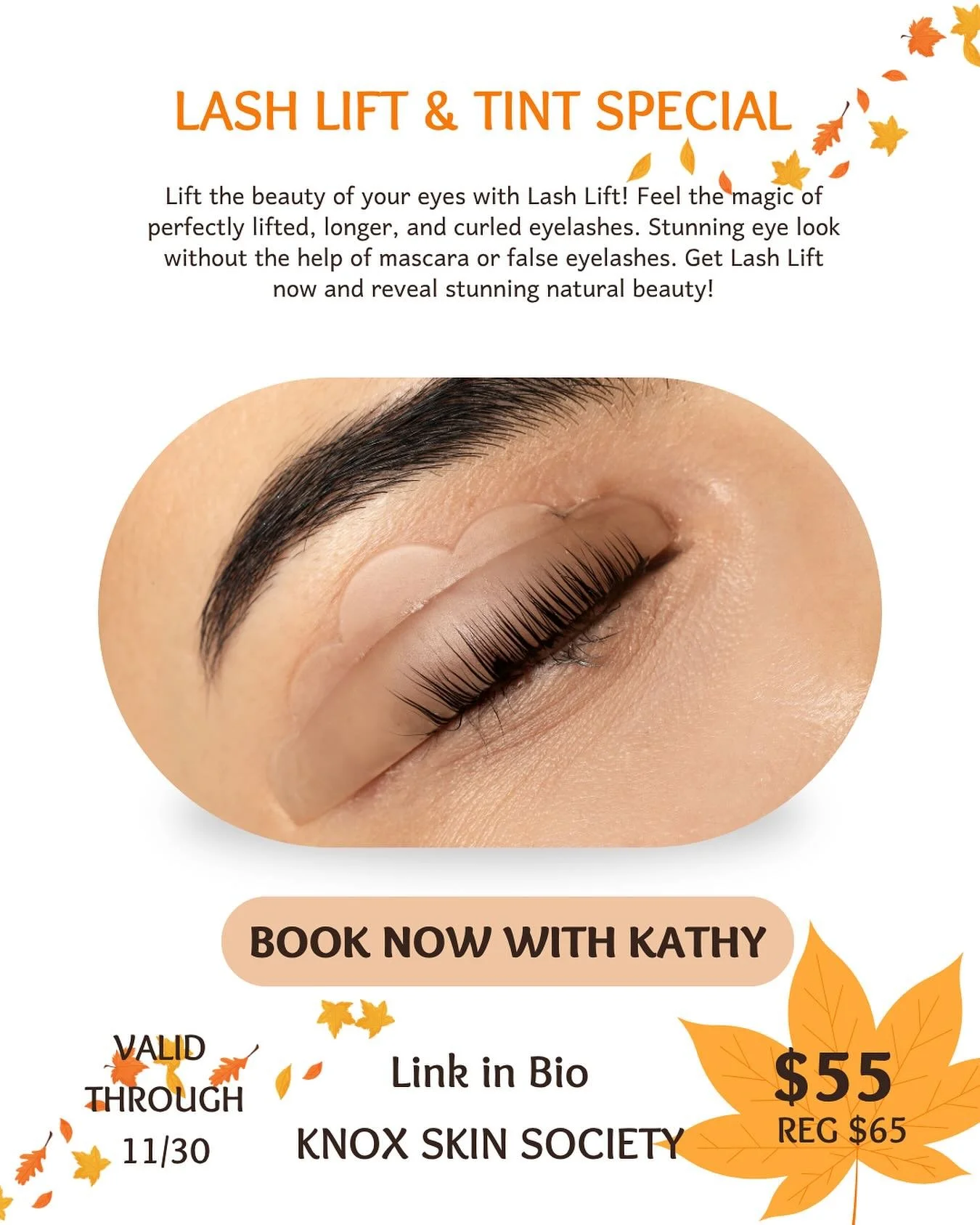 ✨ Fall in love with your lashes! ✨
This season, wake up ready with my Lash Lift + Tint Special &mdash; the perfect way to add natural curl, depth, and definition without extensions. 🍁 
Fall Special:
Lash Lift + Tint &mdash; $55 (limited time!)
Avail